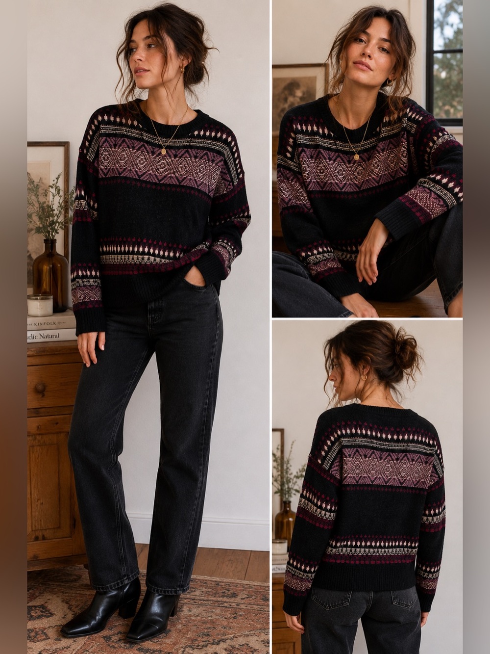 Lucky Brand XL Wool Alpaca Blend Fair Isle Sweater Black Pink Geometric Boho